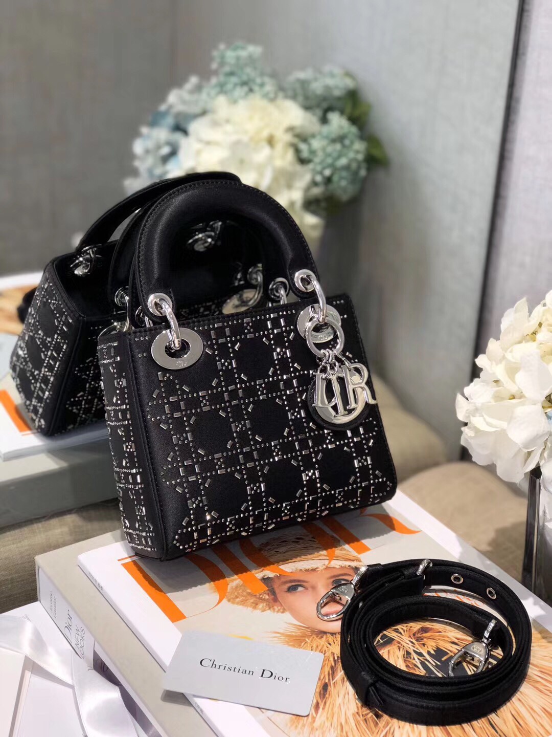 Mini Lady Dior Bag Black Strass Cannage Satin